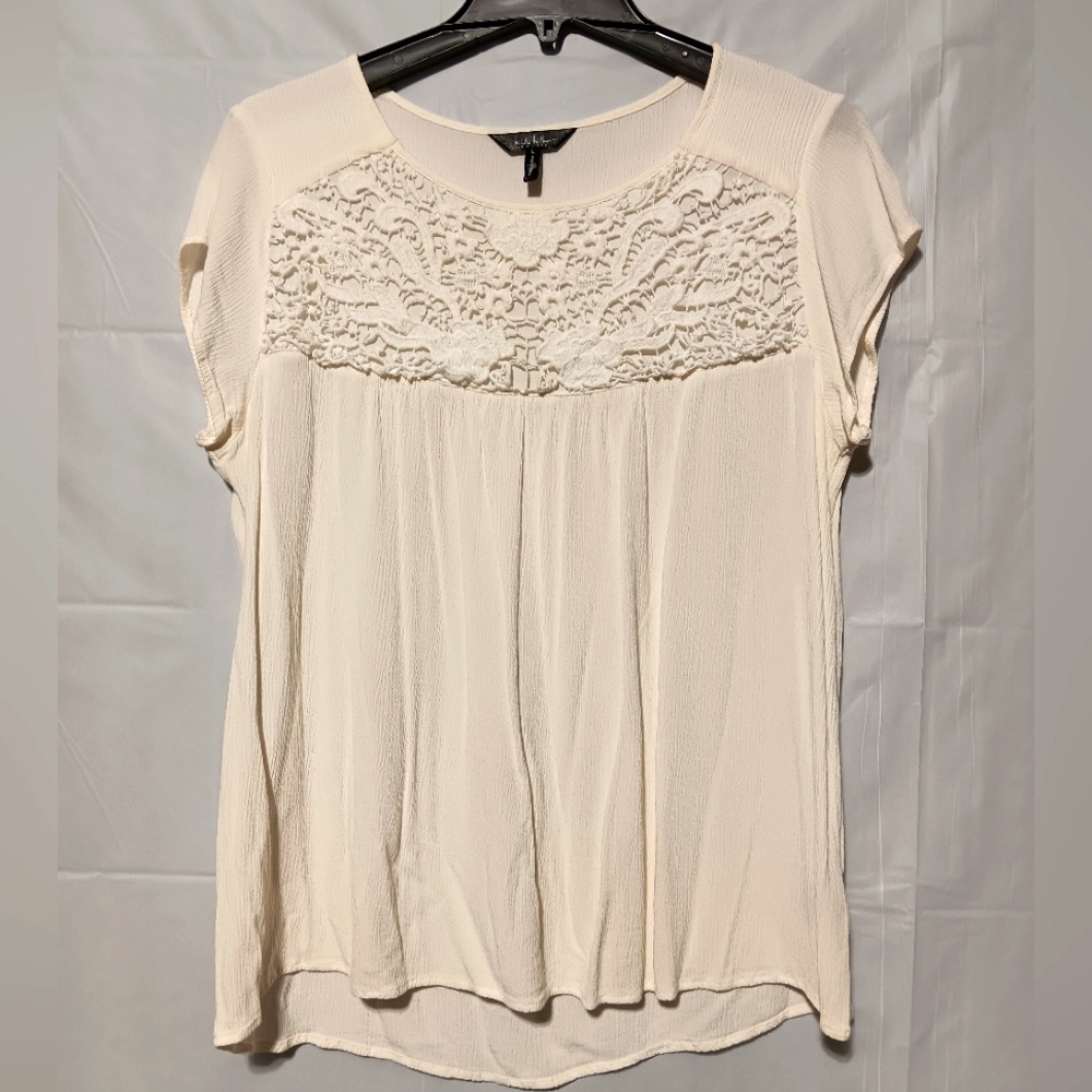 Nicole Miller New York EUC Women's Ivory Cap Sleeve Blouse, Large, Lace Bodice